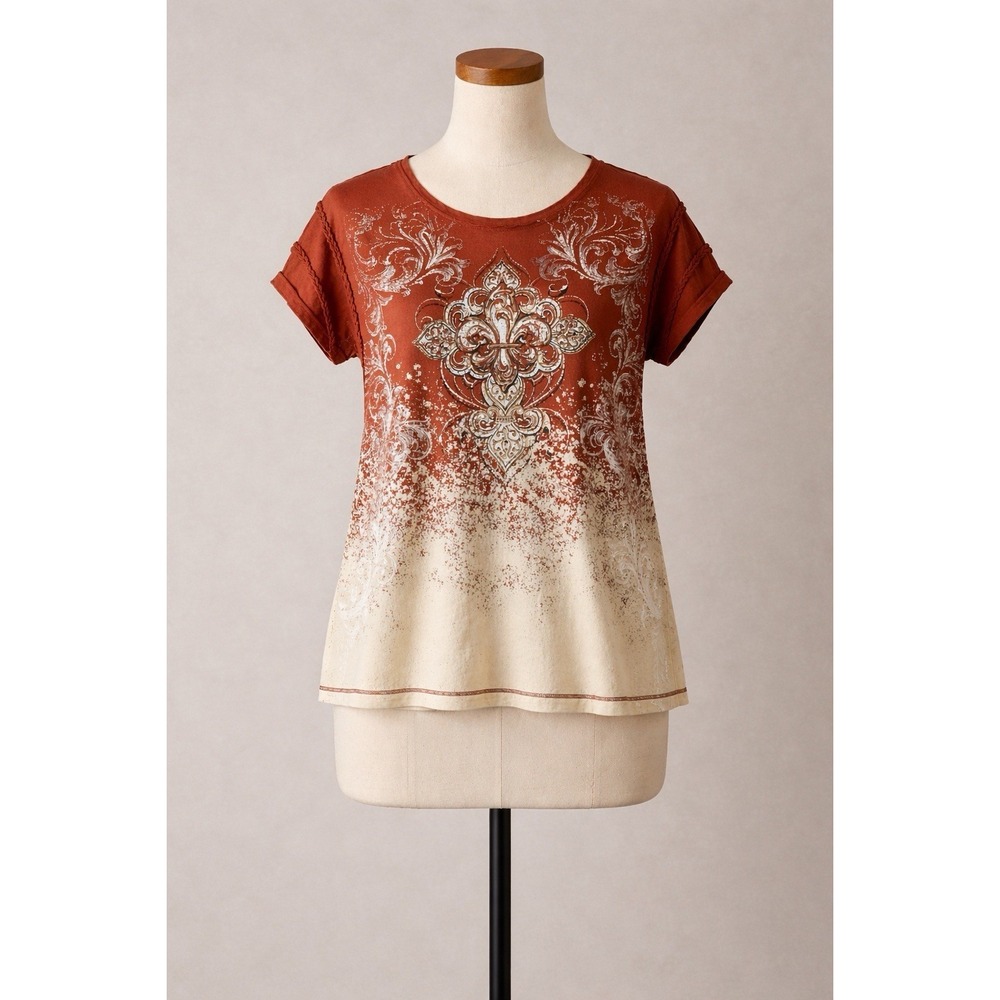 CATO Burnt Orange Ombre Graphic T-Shirt Fleur-de-Lis Print, Rolled Sleeve MEDIUM